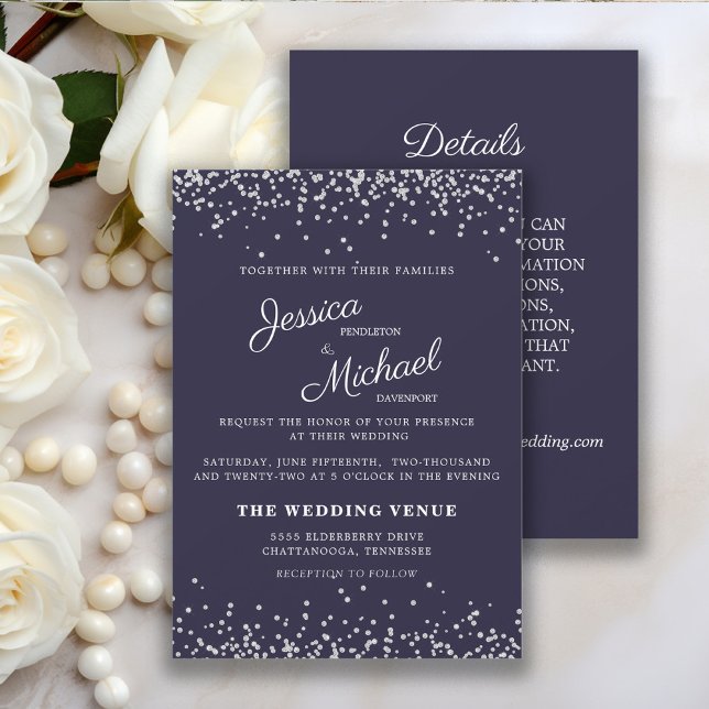 Marinblå Silverglitter Bröllop och Detaljer Inbjudningar (Elegant navy blue and silver glitter 2-sided wedding invitation and details card.  )