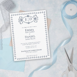 Marinblå släktvapenmonogram formellt bröllop inbjudan vykort