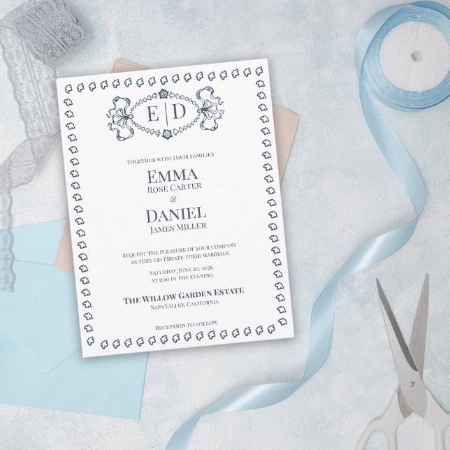 Marinblå släktvapenmonogram formellt bröllop inbjudan vykort (Navy Blue Heirloom Crest Wedding Invitation | Elegant Monogram Formal Traditional Wedding Invite)