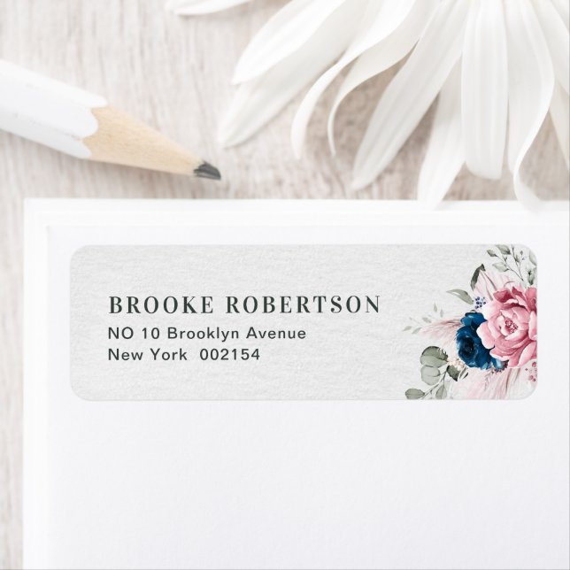  marinblå soft Pastel Rosa Blommigt Bröllop Returadress Etikett (Insitu)