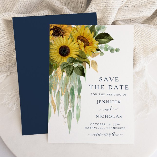 Marinblå Solros Eukalyptus Bröllop Spara Datumet (Navy Blue Sunflower Eucalyptus Wedding Save The Date)