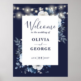Marinblå Strängljus Blommig Bröllop Välkomstskylt Poster