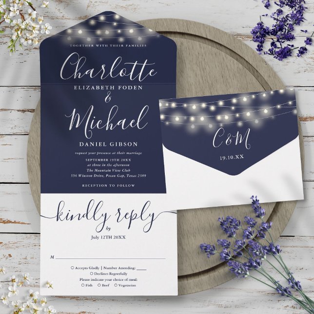Marinblå Strängljus Elegant Bröllopsskrift (Navy Blue String Lights Elegant Script Wedding All In One Invitation)