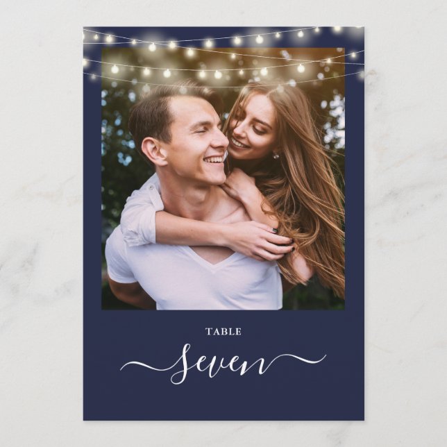 Marinblå Strängljus Foto Bordskort (Framsida)