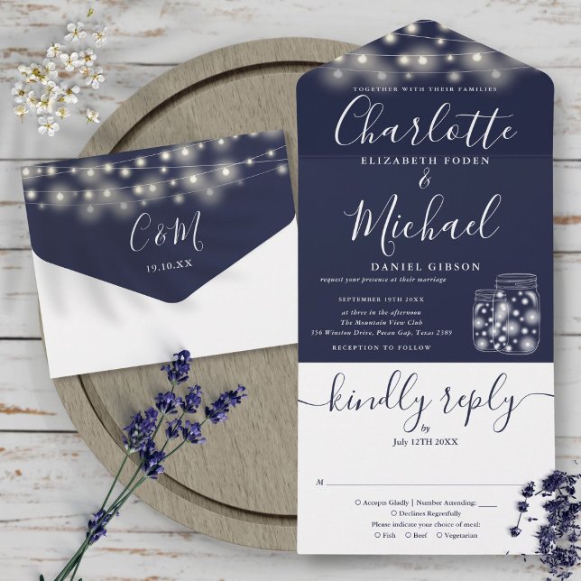 Marinblå Strängljus Murade Krukor Bröllop (Navy Blue String Lights Mason Jars Wedding All In One Invitation)
