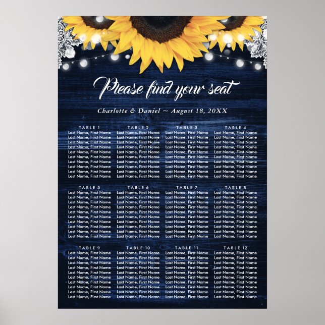 Marinblå Trä Solros Bröllops Placeringsplan 12 Poster (Framsidan)