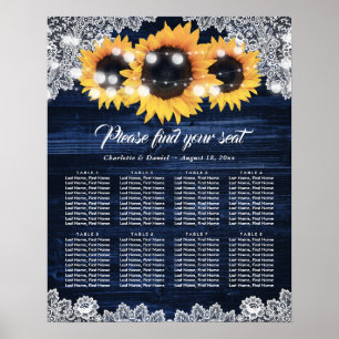 Marinblå Träblommig Spets Solros Rustik Bordplan Poster