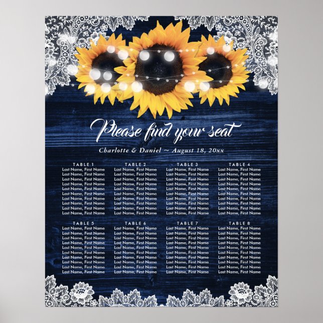 Marinblå Träblommig Spets Solros Rustik Bordplan Poster (Framsidan)