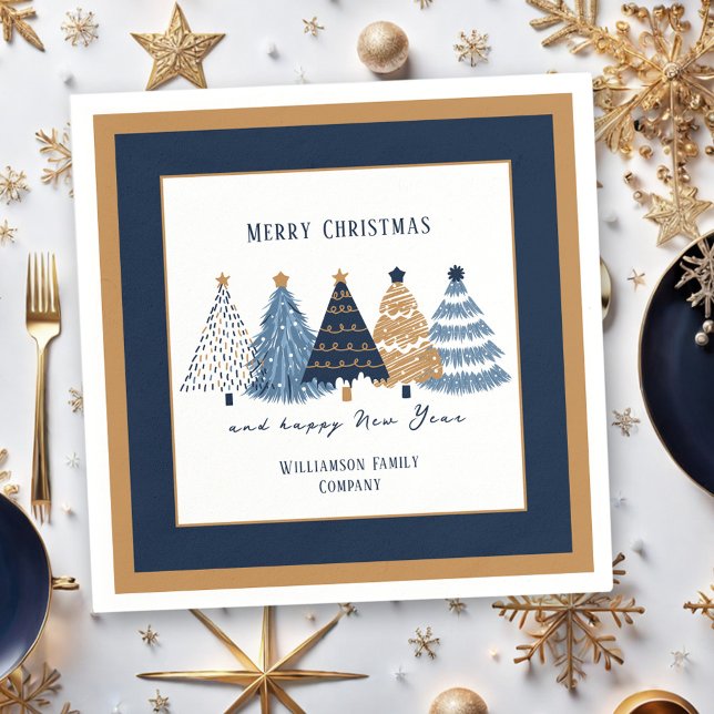 Marinblå Träd Text Namn Modern Jul Holiday Pappersservett (Navy Blue Trees Text Name Modern Christmas Holiday Napkins)