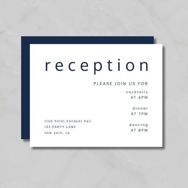 Marinblå typografi Elegant bröllopsmottagning  Tilläggskort (Navy Blue Typography Elegant Wedding Reception Enclosure Card)