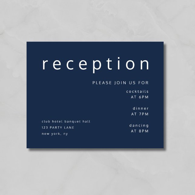 Marinblå typografi Elegant bröllopsmottagning  Tilläggskort (Modern Navy Blue Typography Wedding Reception Enclosure Card)