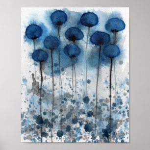 Marinblå vallmor, akvarell blommor vägg poster