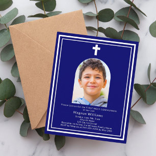 Marinblå valv fotot First Communion-inbjudan