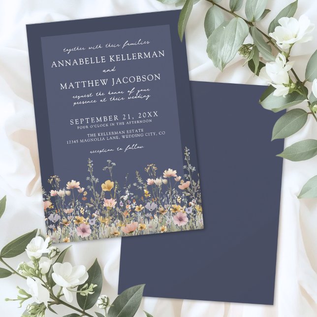 Marinblå Vildblomma Blommig Bröllop Inbjudningar (Navy Blue Wildflower Floral Wedding Invitation)