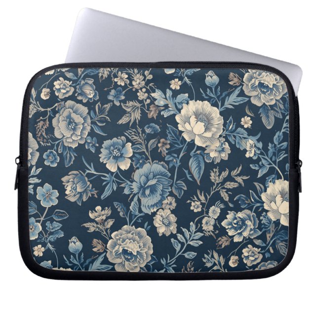 Marinblå Vintage Blommig Botanisk Mönster Laptop Fodral (Framsidan)