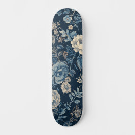 Marinblå Vintage Blommig Botanisk Mönster Mini Skateboard Bräda 18,5 Cm