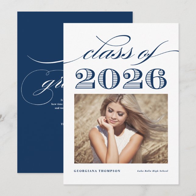 Marinblå Vintage Klass 2025 Foto Examen Meddelande (Fram/baksida)