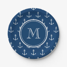 Marinblå vit ankrar mönster, din Monogram