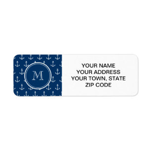 Marinblå vit ankrar mönster, din Monogram Returadress Etikett
