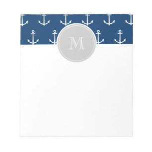 Marinblå vit ankrar mönster, grå Monogram Anteckningsblock