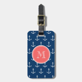 Marinblå vit ankrar mönster, korallMonogram Bagagebricka