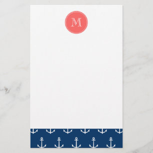 Marinblå vit ankrar mönster, korallMonogram Brevpapper