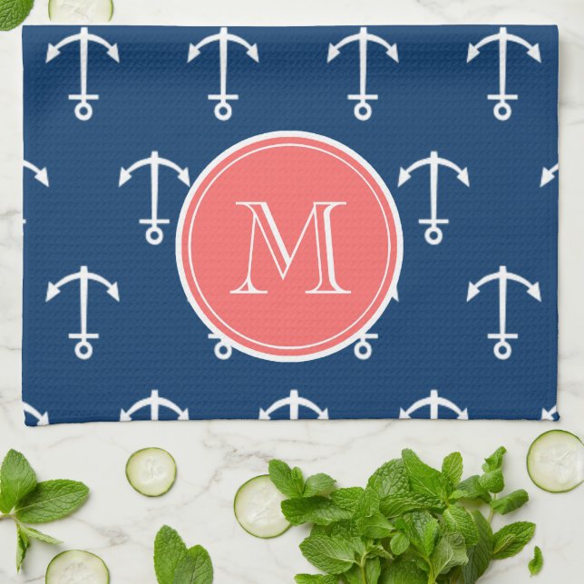 Marinblå vit ankrar mönster, korallMonogram Kökshandduk (Vikta)