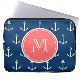 Marinblå vit ankrar mönster, korallMonogram Laptop Sleeve