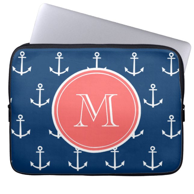 Marinblå vit ankrar mönster, korallMonogram Laptop Sleeve (Framsidan)
