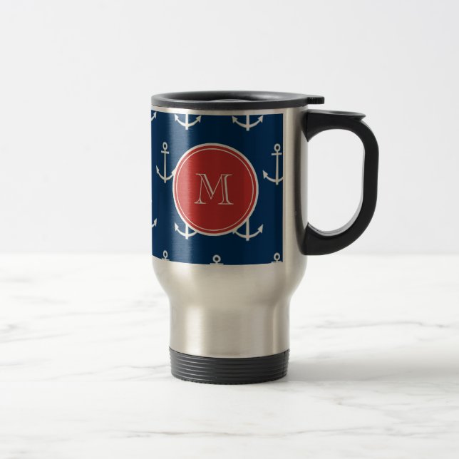 Marinblå vit ankrar mönster, röd Monogram Resemugg (Höger)