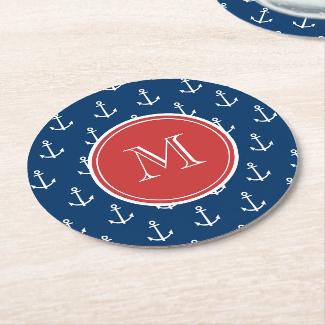 Marinblå vit ankrar mönster, röd Monogram Underlägg Papper Rund (Vinklad)