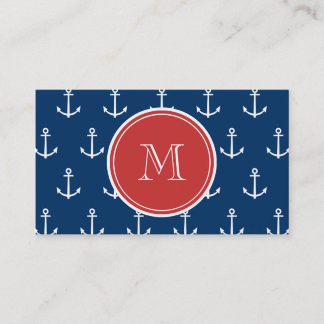 Marinblå vit ankrar mönster, röd Monogram Visitkort (Framsida)