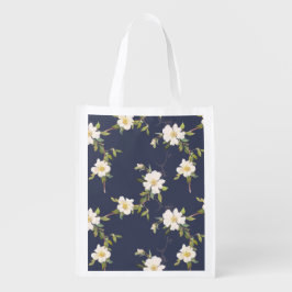 Marinblå Vit Blommig Återanvändbar Påse