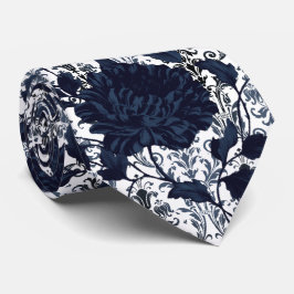 Marinblå & Vit Blommig Damast Aristokratisk Bröllo Slips