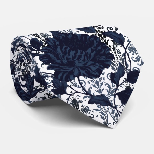 Marinblå & Vit Blommig Damast Aristokratisk Bröllo Slips (Rullad)