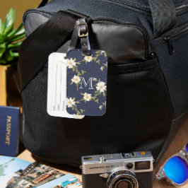 Marinblå Vit Blommig Monogram Bagagebricka