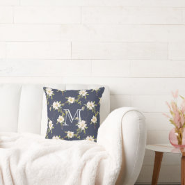 Marinblå Vit Blommig Monogram Kudde