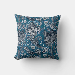 Marinblå & Vit Blommig Paisley Boheme Boho Kudde
