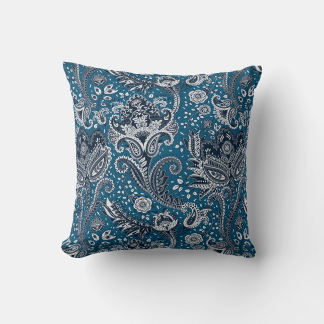 Marinblå & Vit Blommig Paisley Boheme Boho Kudde (Framsida)