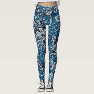 Marinblå & Vit Blommig Paisley Bohemer Boho Leggings