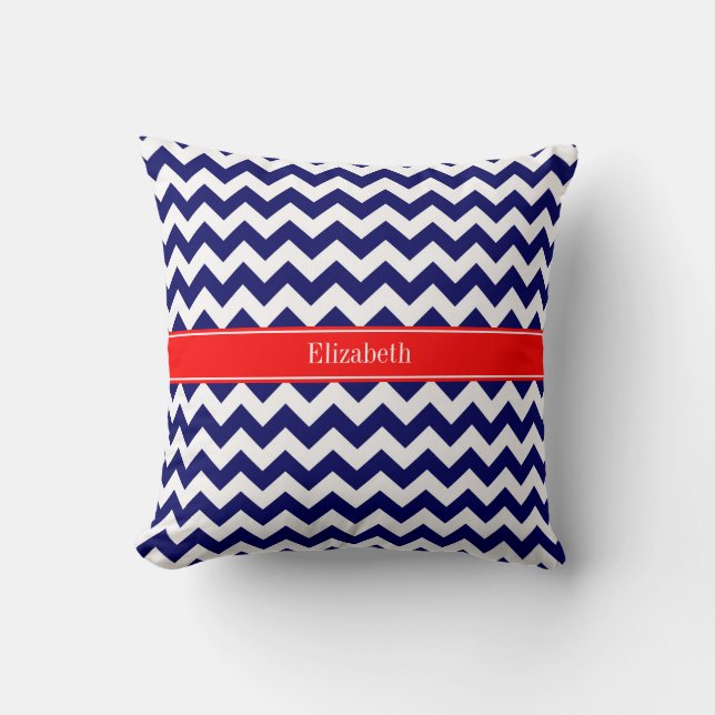 Marinblå Vit Chevron Sicksack Röd Namn Monogram Kudde (Framsida)
