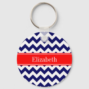 Marinblå Vit Chevron Zig Zag Röd Namn Monogram Nyckelring