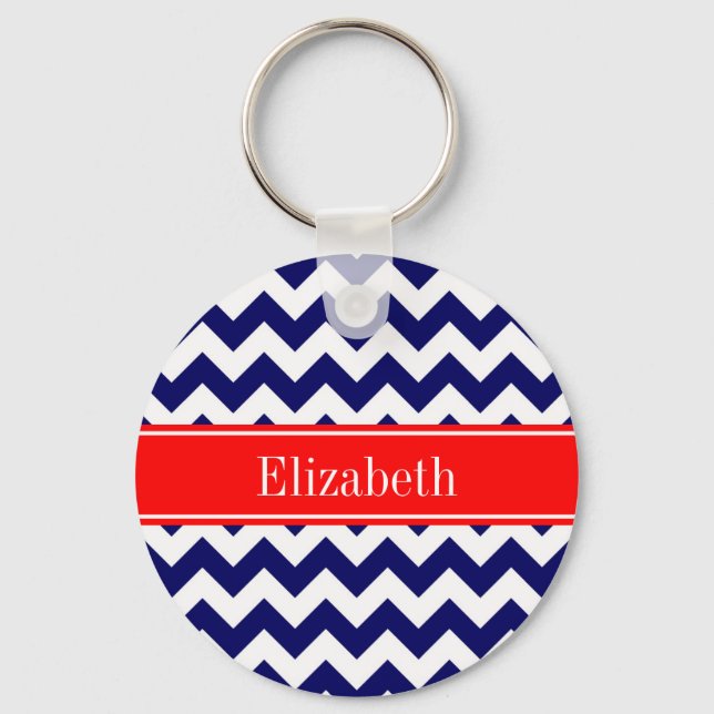 Marinblå Vit Chevron Zig Zag Röd Namn Monogram Nyckelring (Framsida)
