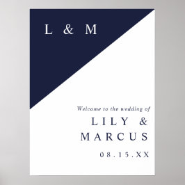 Marinblå vit chic monogram bröllopsväxlingsskylt poster
