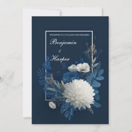 Marinblå Vit Chrysanthemum Blommig Bröllop Inbjudningar