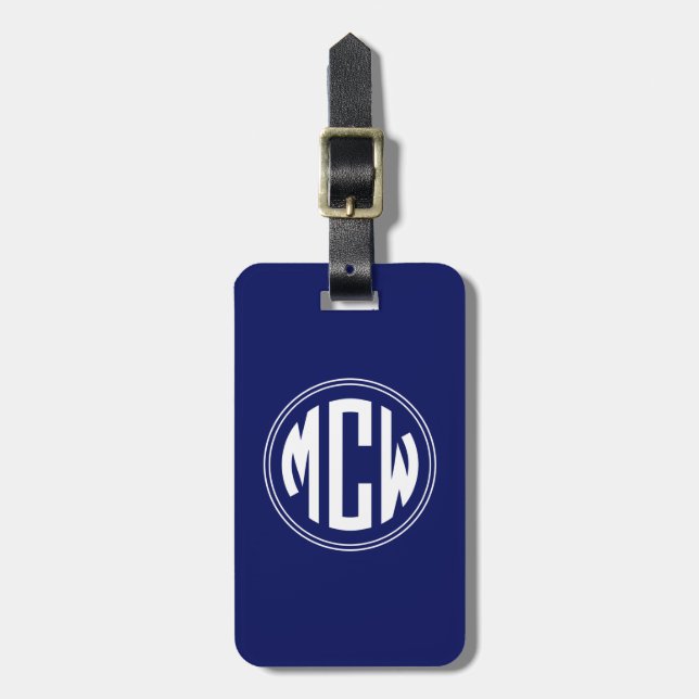 Marinblå Vit Cirkel Monogram DIY Bakgrund Bagagebricka (Vertikal Framsida)