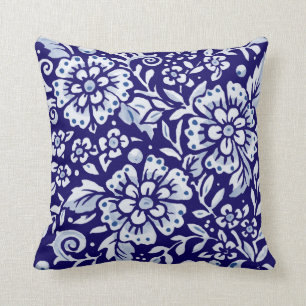 Marinblå Vit Djärv Blommig Chinoiserie Design Kudde