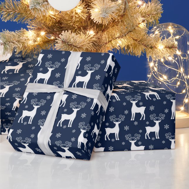 Marinblå & Vit Festiv Jul Ren Mönster Presentpapper (Helgdagar)