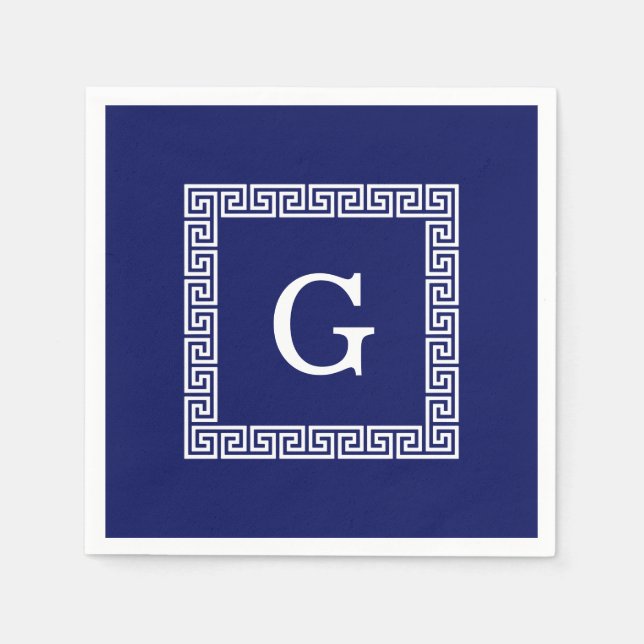 Marinblå Vit Grekisk Nyckel #1 Inramad Monogram Pappersservett (Framsidan)