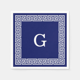 Marinblå Vit Grekisk Nyckel #1 Inramad Monogram Pappersservett